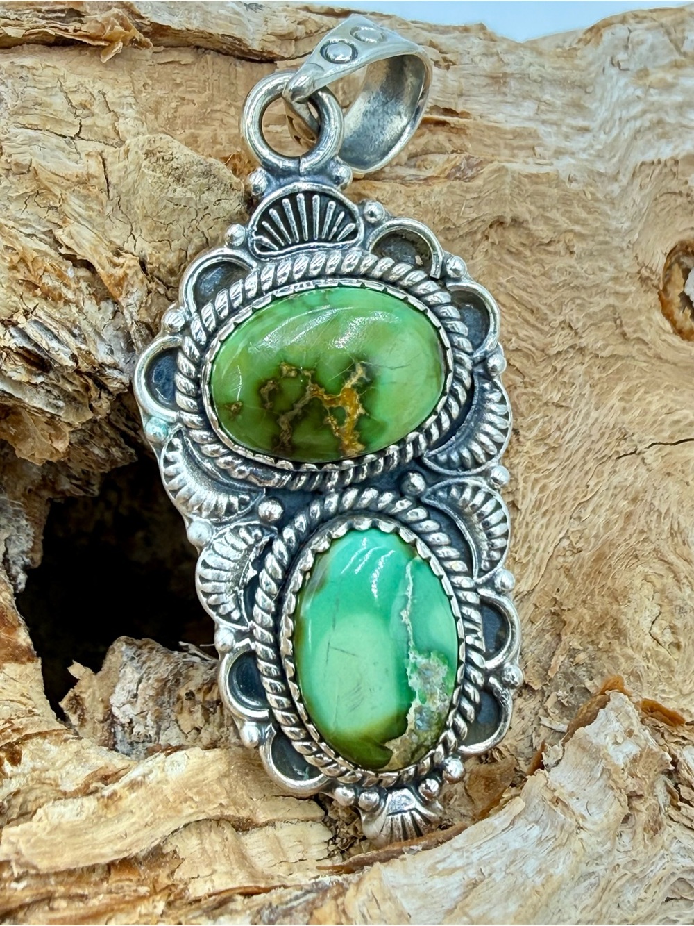 Sterling Silver Double Green Turquoise Southwestern Pendant 2.5” Native American - Picture 10 of 15